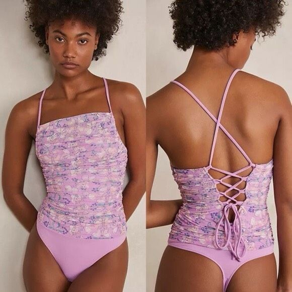 NWOT Intimately Free People Purple Floral Butterfly Milkshake Mesh Lace Up Back - Picture 1 of 6